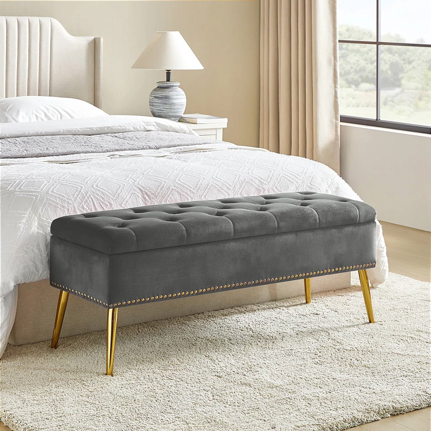 Mid-Century Modern End of Bed Storage Bench with Gray Velvet Seat and Gold Legs — Chic Home-Decor