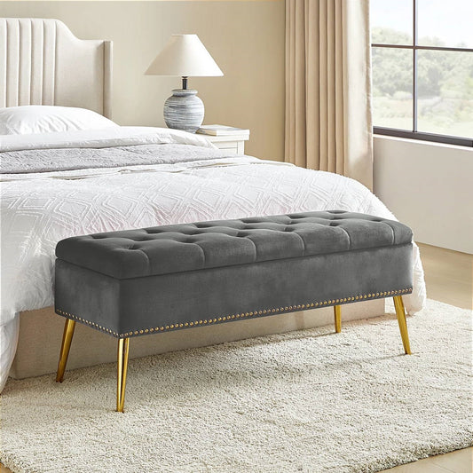 Mid-Century Modern End of Bed Storage Bench with Gray Velvet Seat and Gold Legs — Chic Home-Decor
