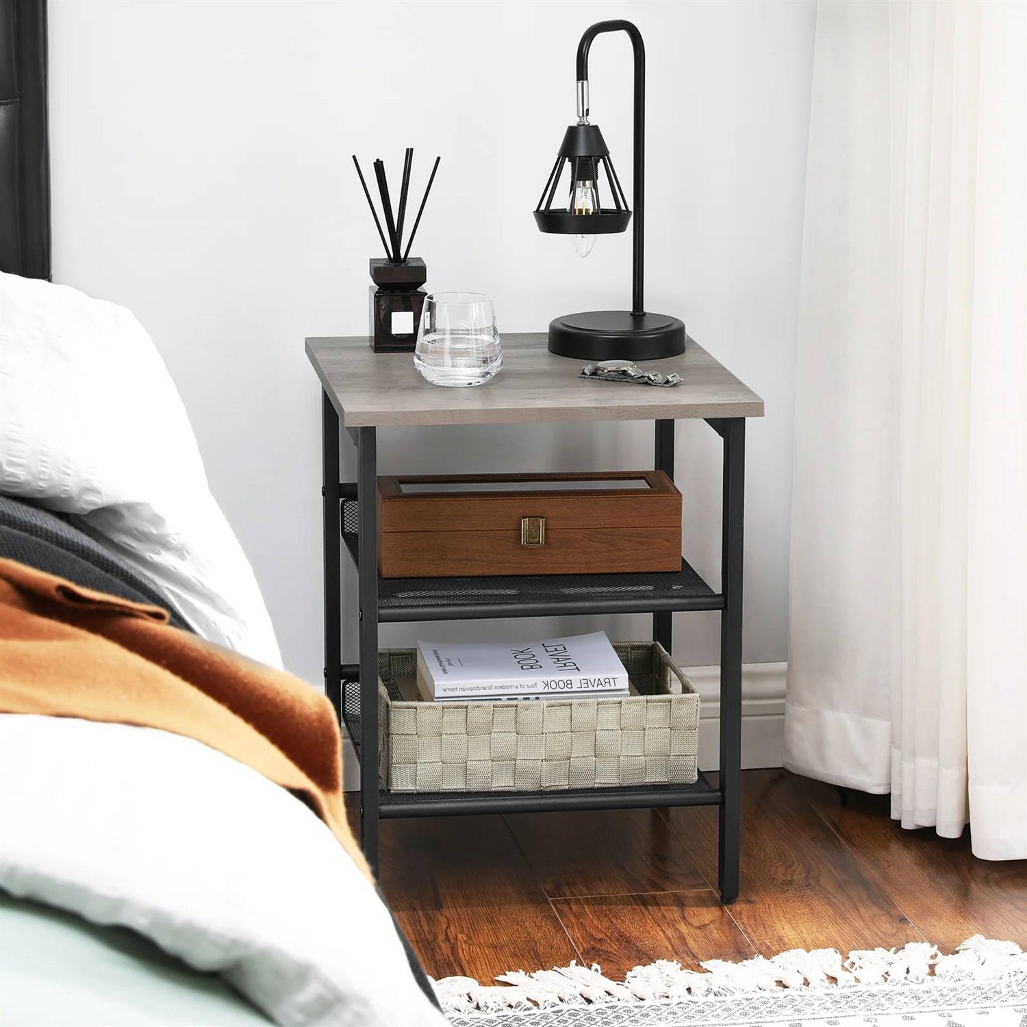 Modern Industrial Side Table Nightstand in Black Metal with Grey Beige Wood Top — Chic Home-Decor
