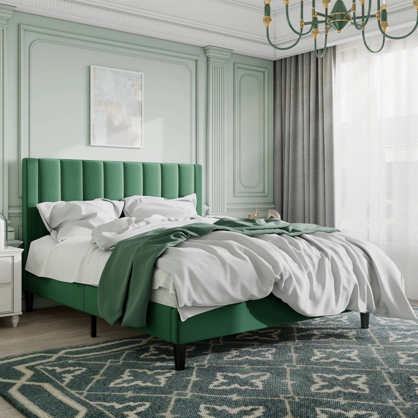 Queen size Modern Green Velvet Upholstered Platform Bed with Headboard — Chic Home-Decor