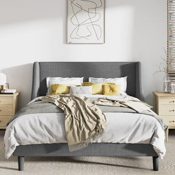 Queen Size Grey Linen Blend Upholstered Platform Bed with Wingback Headboard — Chic Home-Decor