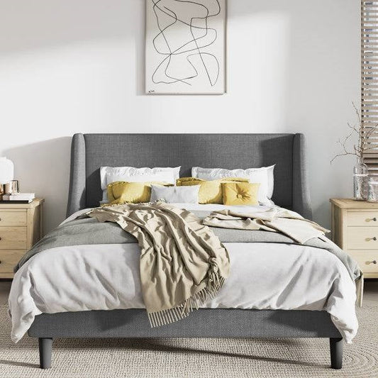 Queen Size Grey Linen Blend Upholstered Platform Bed with Wingback Headboard — Chic Home-Decor