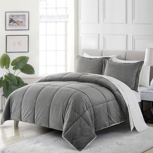 Queen Plush Microfiber Reversible Comforter Set in Grey — Chic Home-Decor