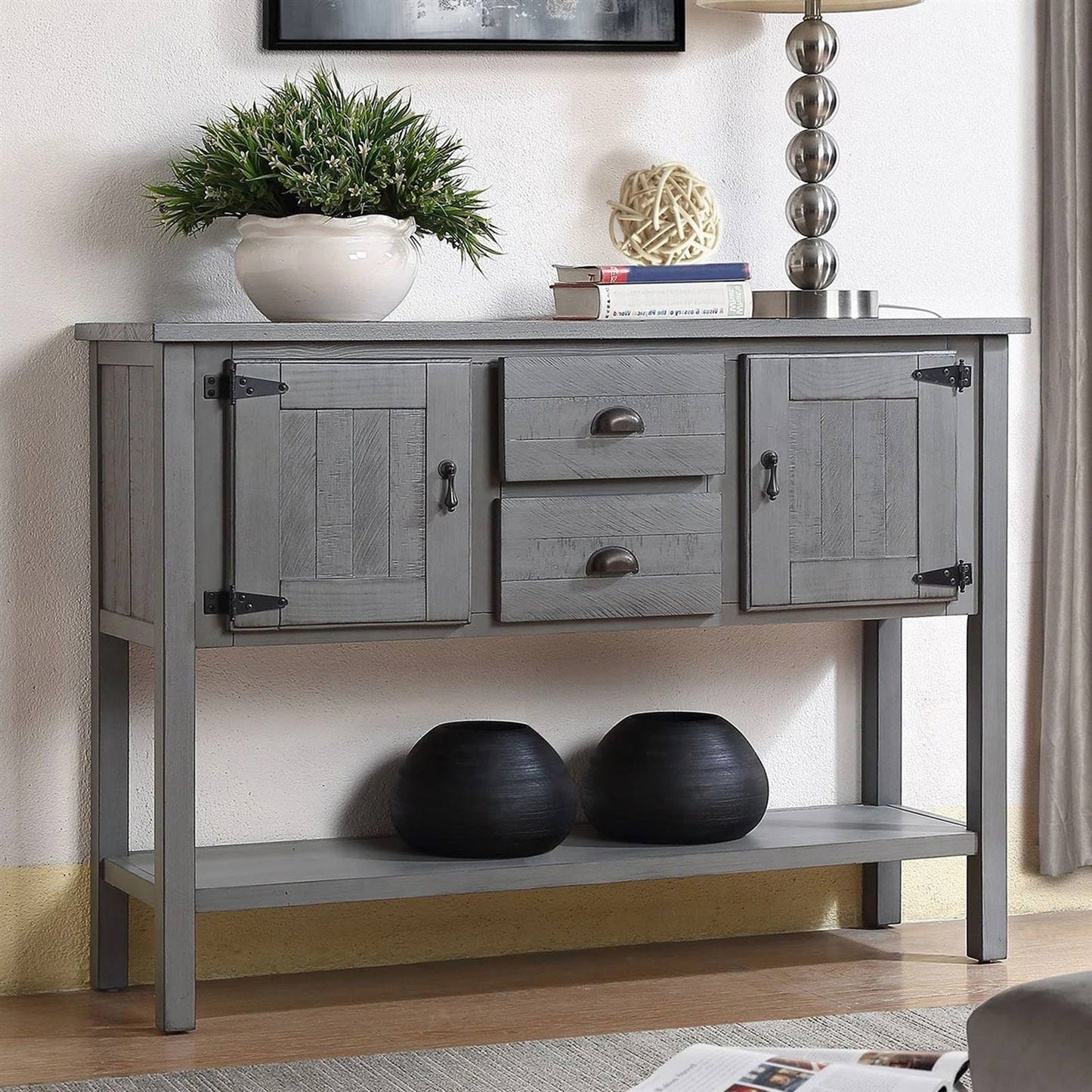 Solid Wood Farmhouse Sofa Table Sideboard Cabinet with Storage Drawers in Grey — Chic Home-Decor