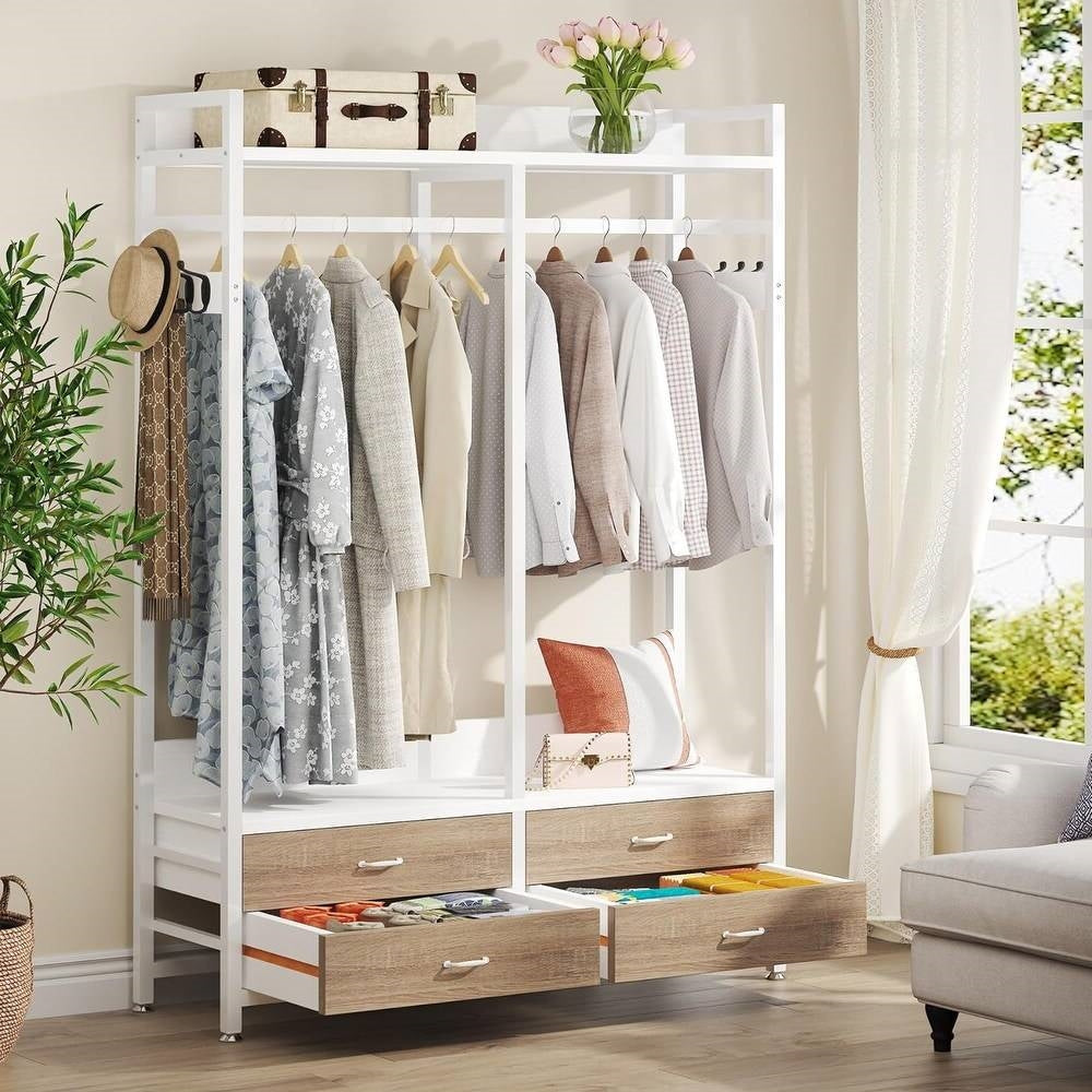 Freestanding White Oak Garment Rack Clothes Hanging Rod with 4 Storage Drawers — Chic Home-Decor