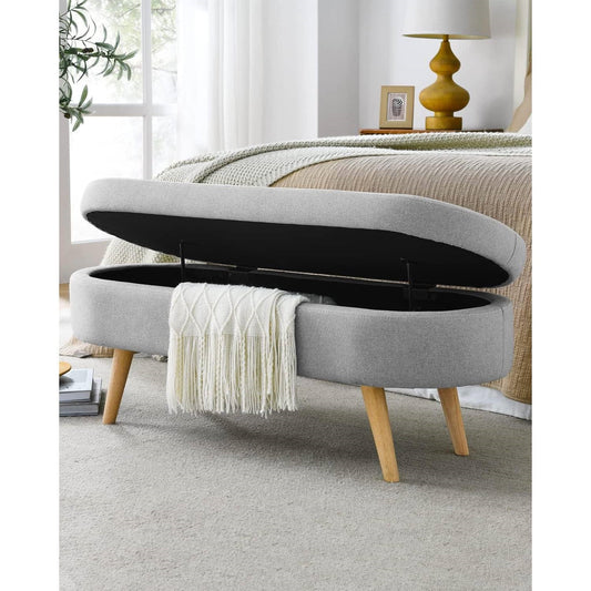 Mid-Century Modern Boho Style Grey Linen Bedroom Storage Bed Bench — Chic Home-Decor