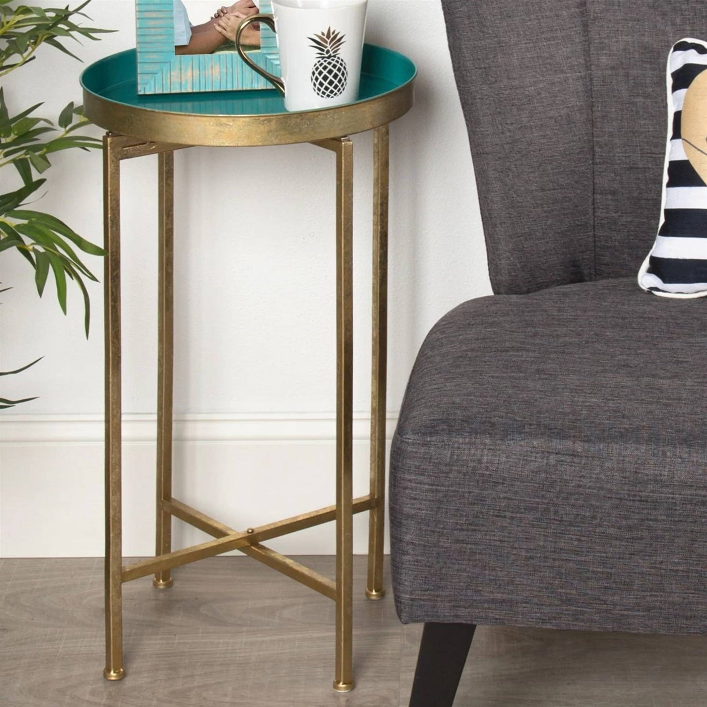 Gold Finish Metal Round End Table Nightstand with Removable Teal Tray Top — Chic Home-Decor