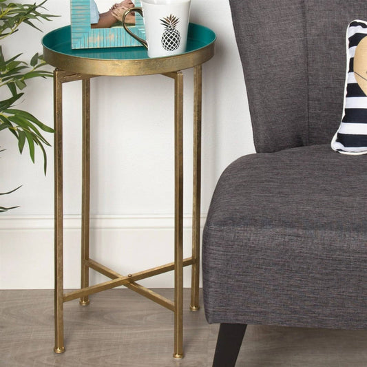 Gold Finish Metal Round End Table Nightstand with Removable Teal Tray Top — Chic Home-Decor