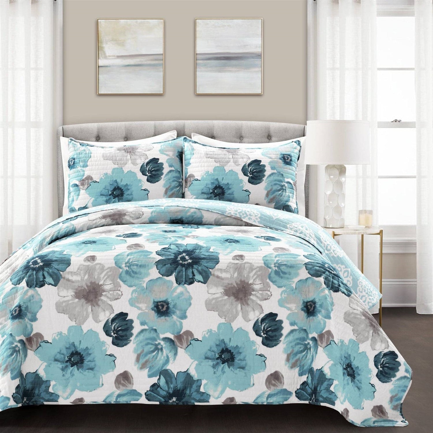 King size Blue Grey Flowers Lightweight Polyester Microfiber Quilt Set — Chic Home-Decor