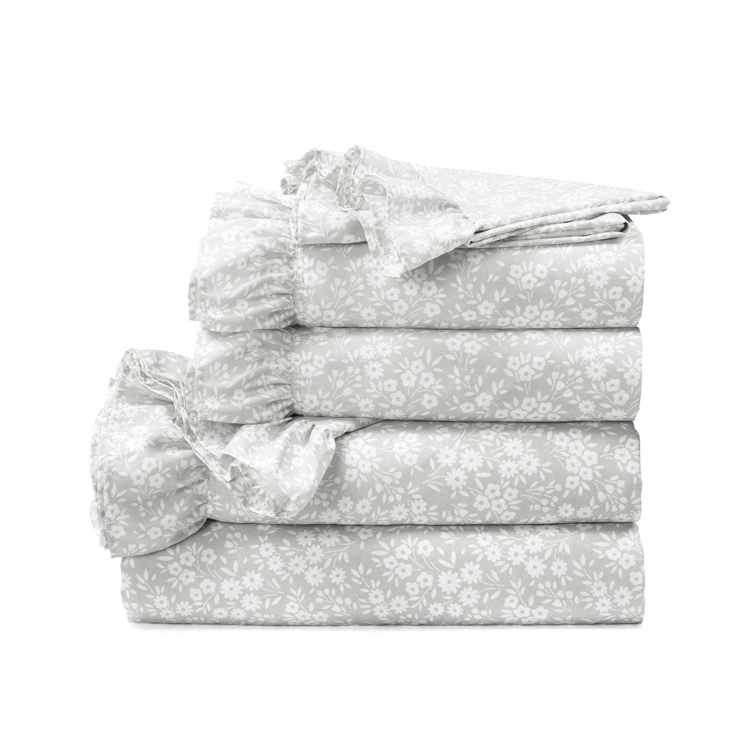 King size Grey Ruffle Floral Polyester 6 Piece Sheet Set — Chic Home-Decor