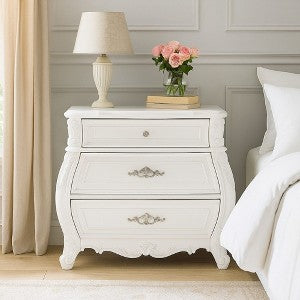Valena Nightstand, 3 Drawers, White Solid Wood, Metal Handles, 31 Inch