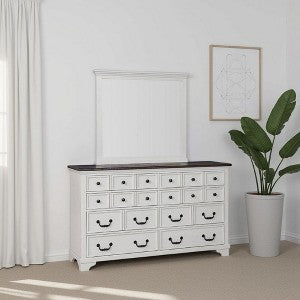 Hamps Dresser Mirror, White Solid Wood, Subtle Frame Details, 38x42