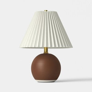 Table Lamp, Round Linen Shade, Ruby Red Textured Round Ceramic, 23 Inch
