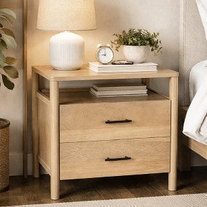 Geti 29 Inch Bedside Nightstand Table, Handcrafted Natural Oak White Mango Wood, 2 Drawer, Open Shelf