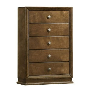 Rouk 5 Drawer Tall Dresser Chest, Transitional, Walnut Brown Solid Wood