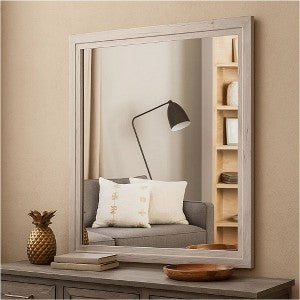 Miot Dresser Mirror, 39 Inch Square Wood Frame, White Wash