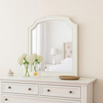 Kiki Dresser Mirror, Curved Crown Molded Details, White Solid Wood