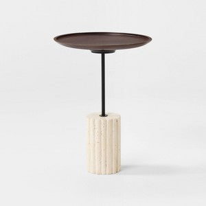 Meni Accent Table, 22 Inch Round Top, Carved Pedestal, Black Solid Wood