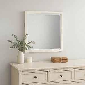 Toi Dresser Mirror, Beveled Glass, Antique White Finished Solid Wood, 38 Inch
