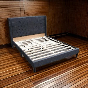 Nny Queen Size Bed with Tufted Headboard, Charcoal Burlap Upholstery, Wood