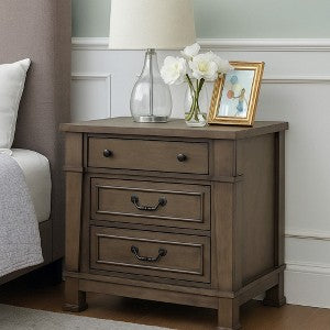 Huder Nightstand, 3 Drawers, Dark Walnut Brown Wood, Black Metal, 29 Inch