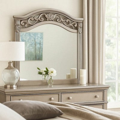Dresser Mirror, Antique Silver Pine Wood, Molded Frame Detail, 37x41