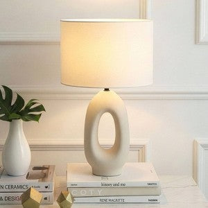 Table Lamp, Round Linen Shade, 24 Inch Distressed White Ceramic Body