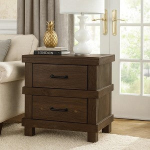 Three Drawer Nightstand with Metal Handle And Crossed Planked Side Panels, Brown