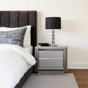 Vino 2 Drawer Nightstand, Plinth Base Gray Wood wity Silver Trim
