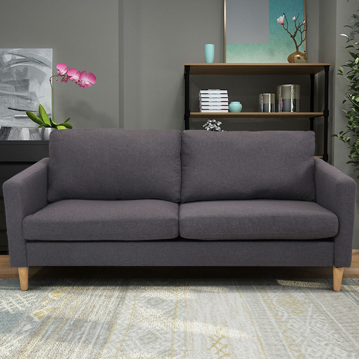 Modern Mid-Century Style Grey Fabric Sofa with Wood Legs