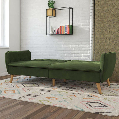 Memory Foam Futon Sofa Bed with Green Velvet Upholstery and Wood Legs