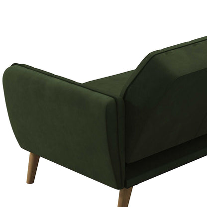 Memory Foam Futon Sofa Bed with Green Velvet Upholstery and Wood Legs
