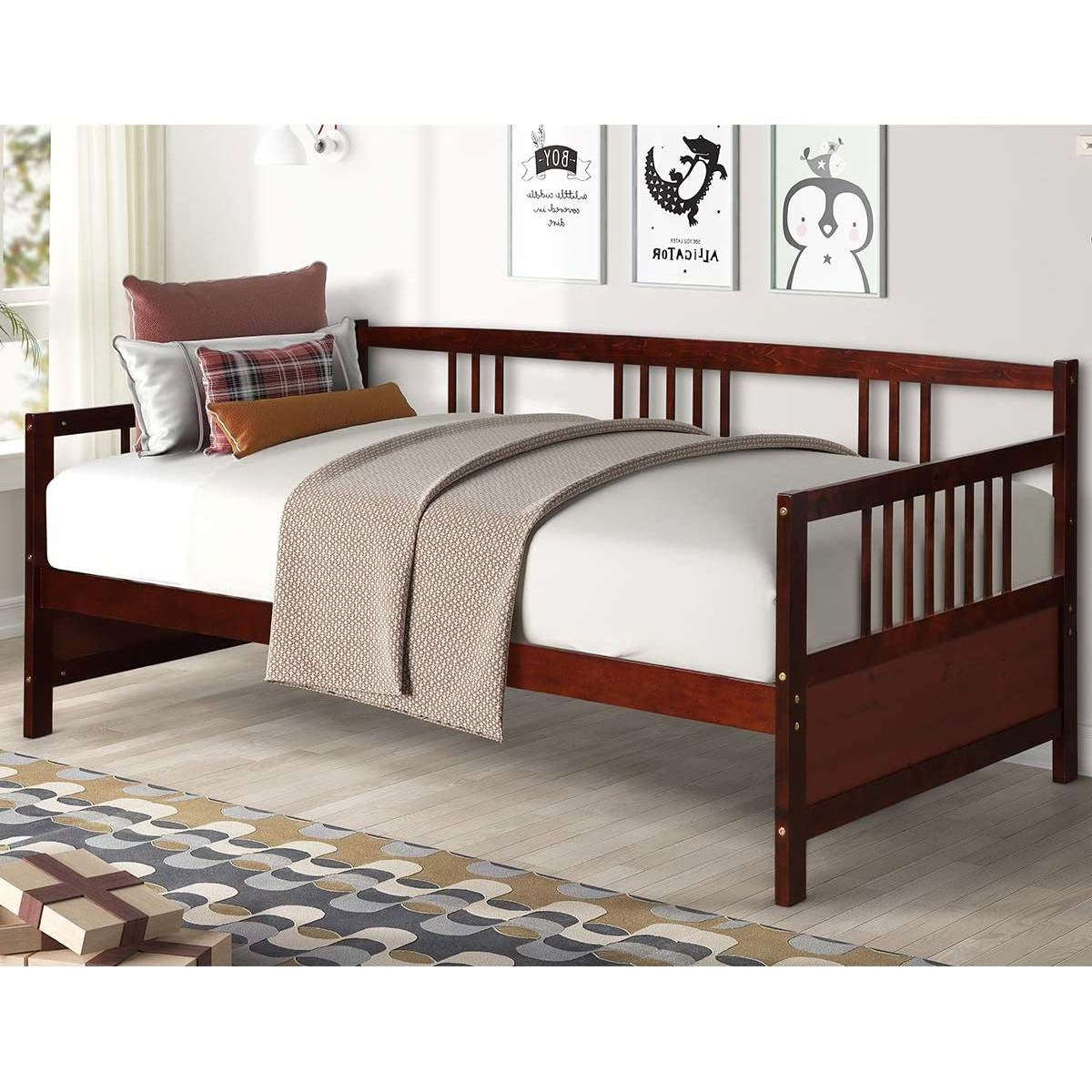 Twin size 2-in-1 Wood Daybed Frame Sofa Bed in Brown Cherry Finish — Chic Home-Decor