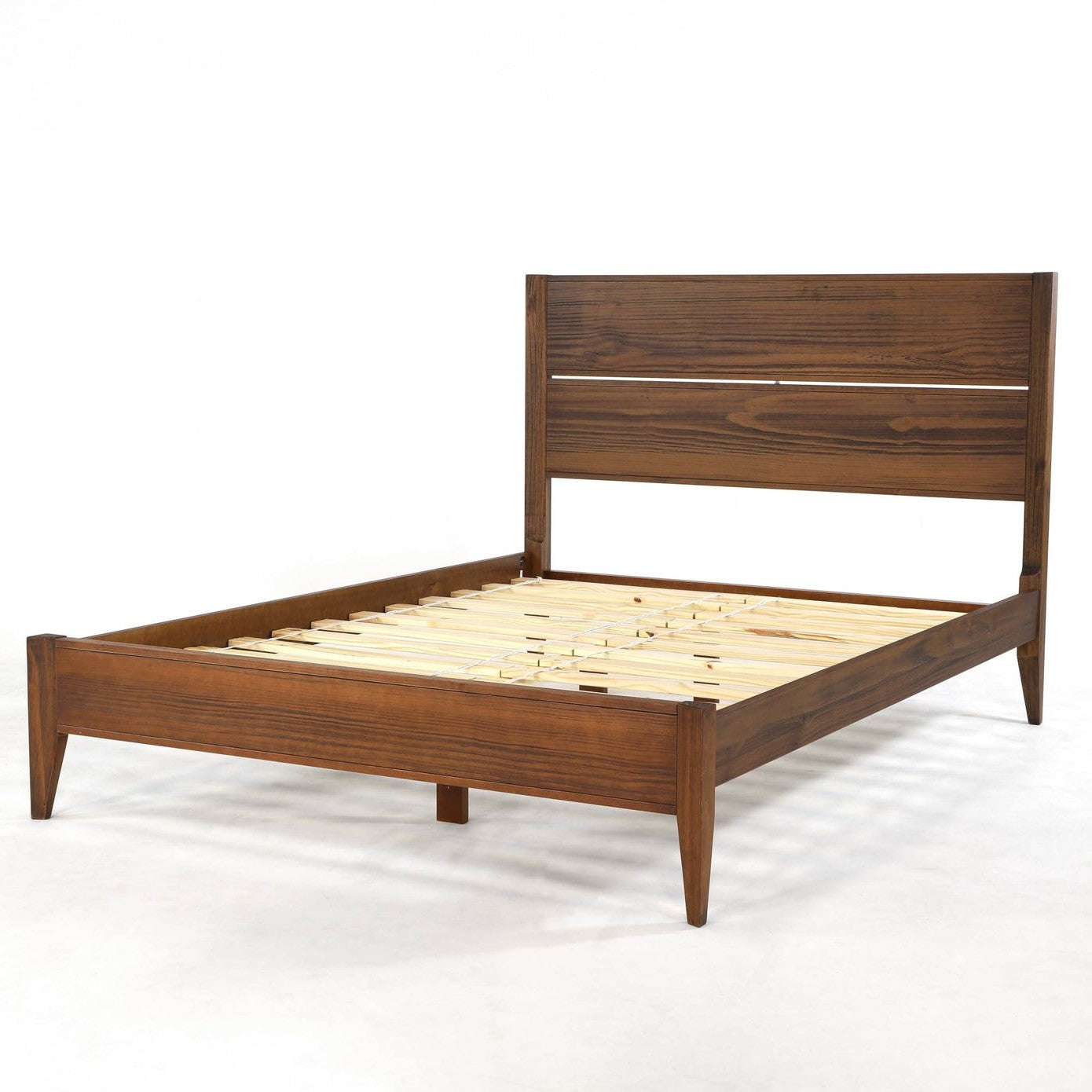 Queen Size Rustic Walnut Mid Century Slatted Platform Bed — Chic Home-Decor