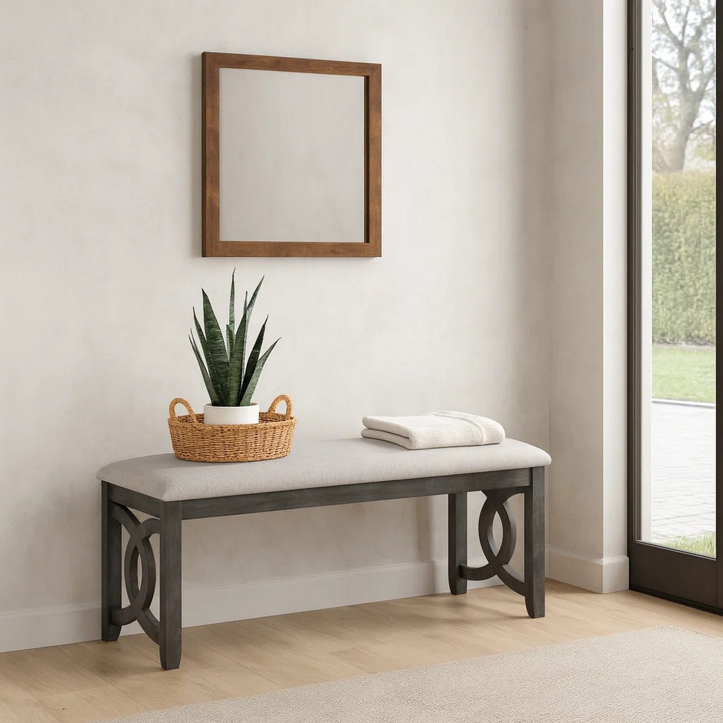 Gary 46 Inch Wood Bench, Fabric Seat, Ebony Brown