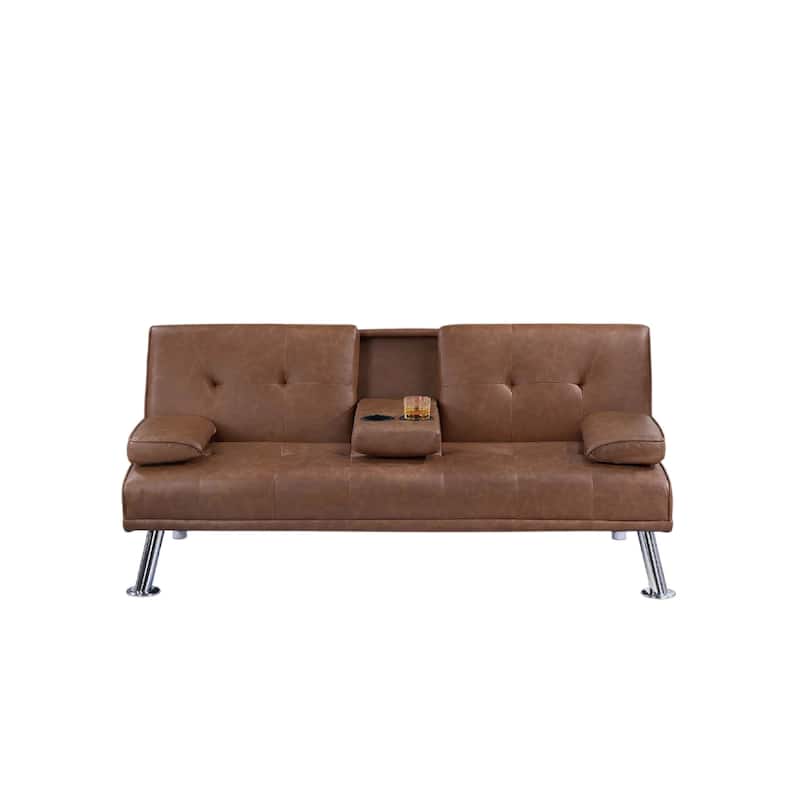 Gary Convertible Sofa with Fold-Down Table, Metal, Brown Faux Leather