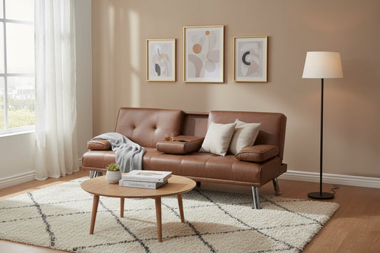 Gary Convertible Sofa with Fold-Down Table, Metal, Brown Faux Leather