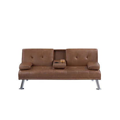Gary Convertible Sofa with Fold-Down Table, Metal, Brown Faux Leather