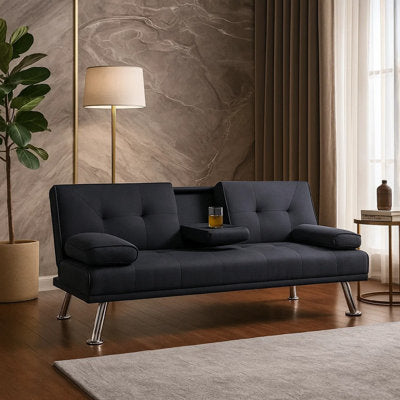Gary Convertible Sofa with Fold-Down Table, Metal Legs, Black Fabric