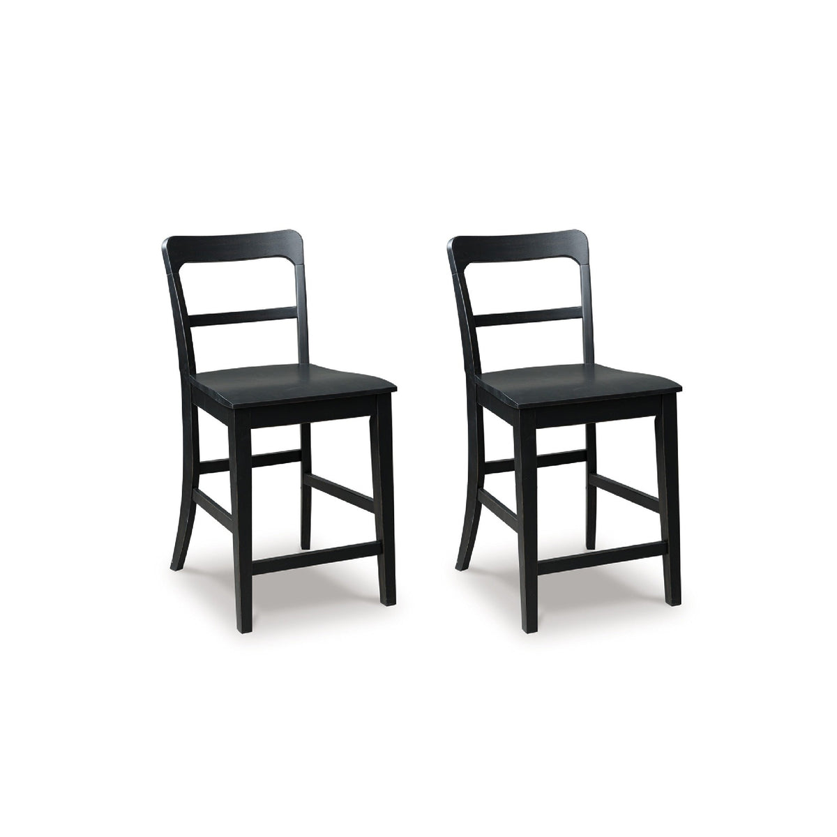 Gela Counter Stool Chair Set of 2, Stylized Ladder Back, Plank Seat – Black