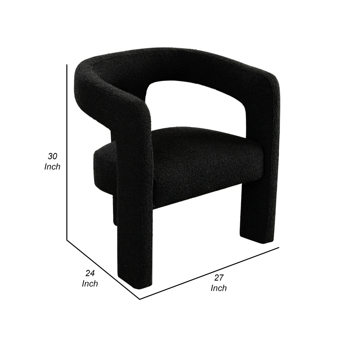 Gely Dining Accent Chair, Open Curved Back w Tripod Base, Black Boucle