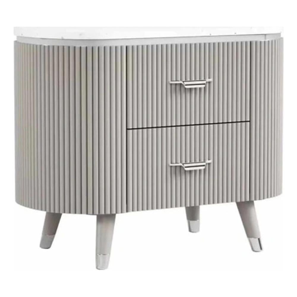 Gema Nightstand, 2 Drawers, Cultured Stone Top, Gray Wood, Silver Trim