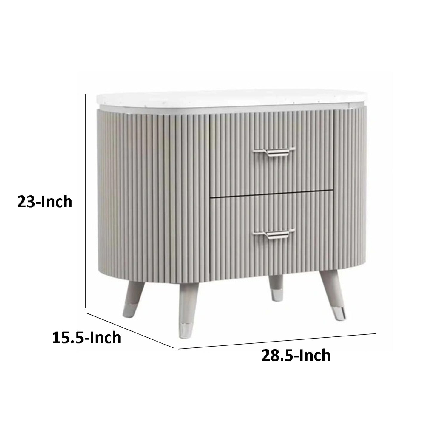 Gema Nightstand, 2 Drawers, Cultured Stone Top, Gray Wood, Silver Trim