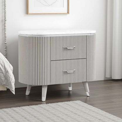 Gema Nightstand, 2 Drawers, Cultured Stone Top, Gray Wood, Silver Trim