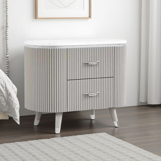 Gema Nightstand, 2 Drawers, Cultured Stone Top, Gray Wood, Silver Trim