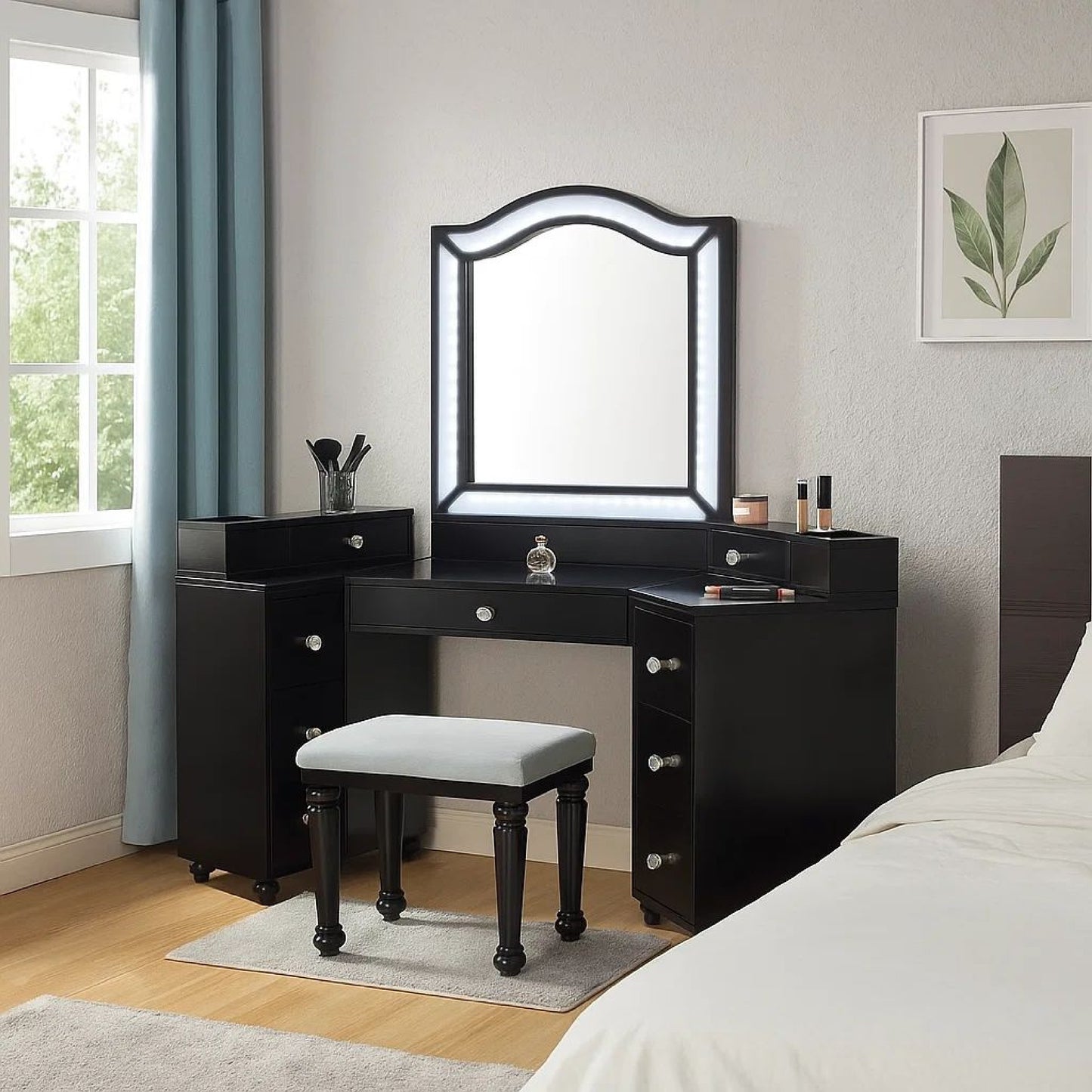 Gena 3pc Vanity Set with Stool, Glass Top Table, LED Mirror, Obsidian Gray