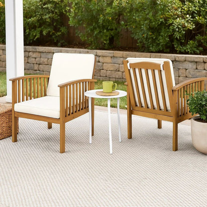 Gerry Outdoor Club Chairs Set of 2, Cream Fabric,  Slatted Light Brown