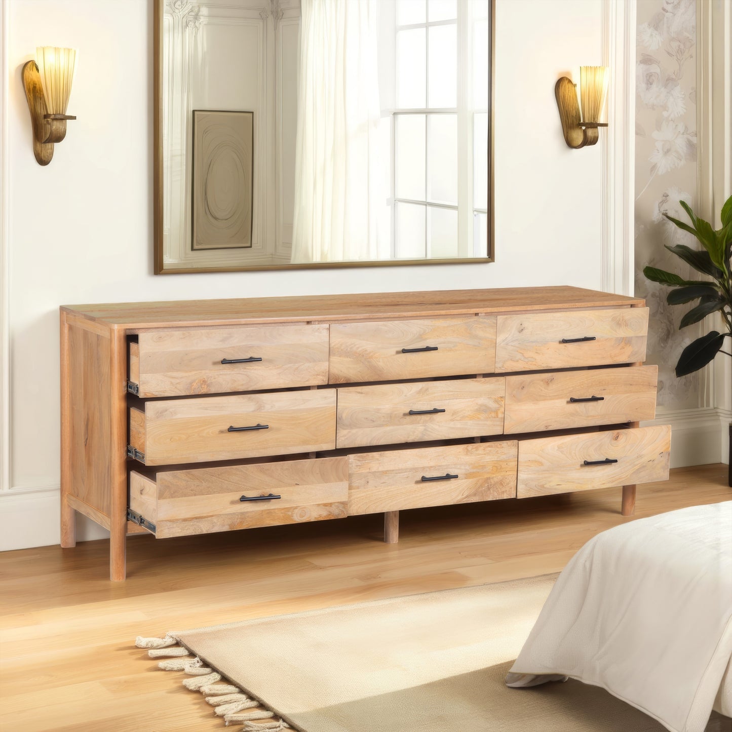 Geti Dresser 9 Drawers, 84 Inch Wide, Handcrafted Natural Oak White Mango Wood