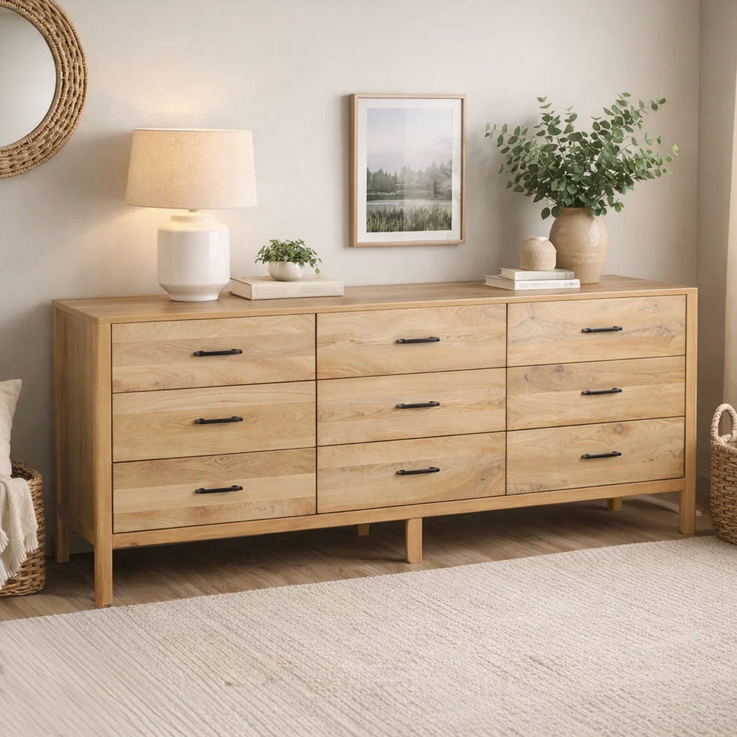 Geti 6 Drawers, 66 Inch Wide Dresser, Handcrafted Natural Oak White Mango Wood, Black Handles