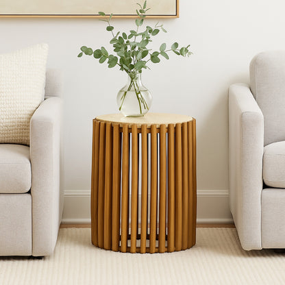Gexy Side End Table, 18 Inch Marble Top, Slatted Drum Base, Brown